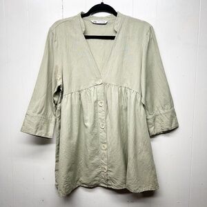 ZARA Cotton Linen Button Front 3/4 Sleeve Women's Babydoll Tunic Top Size Small